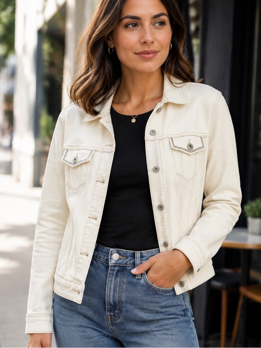 Women's Cream Denim Jean Jacket - Classic Button-Front